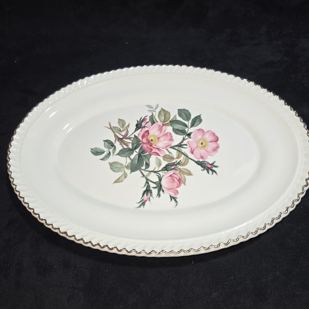 Cottage Core Vtg 22kt. Gold Rim Harker Pottery Company Wild Rose 12" Platter